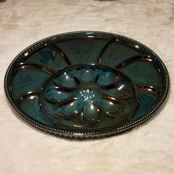 Vintage Indiana Glass Pebble Leaf Blue Platter - Picture 7 of 7